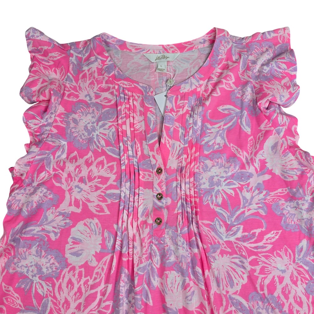 Lilly Pulitzer Golda Top Rousseau Pink Zen Garden Floral Ruffle Top Large NWT - Picture 1 of 9